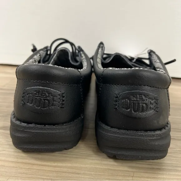 Hey Dude Wally Youth Mono Leather Black Slip On Comfort Shoes Kids Size YT2 NWT